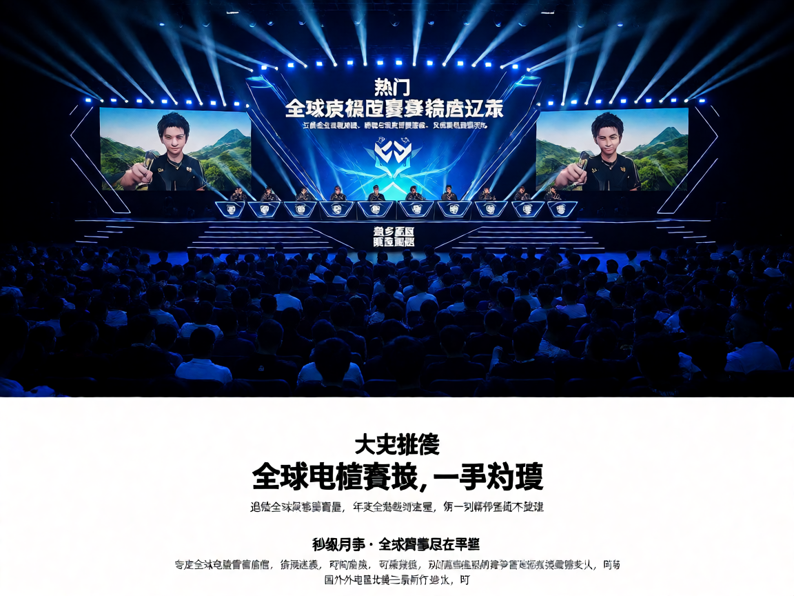 大型电竞赛事舞台，选手席与观众席全景，专业灯光效果