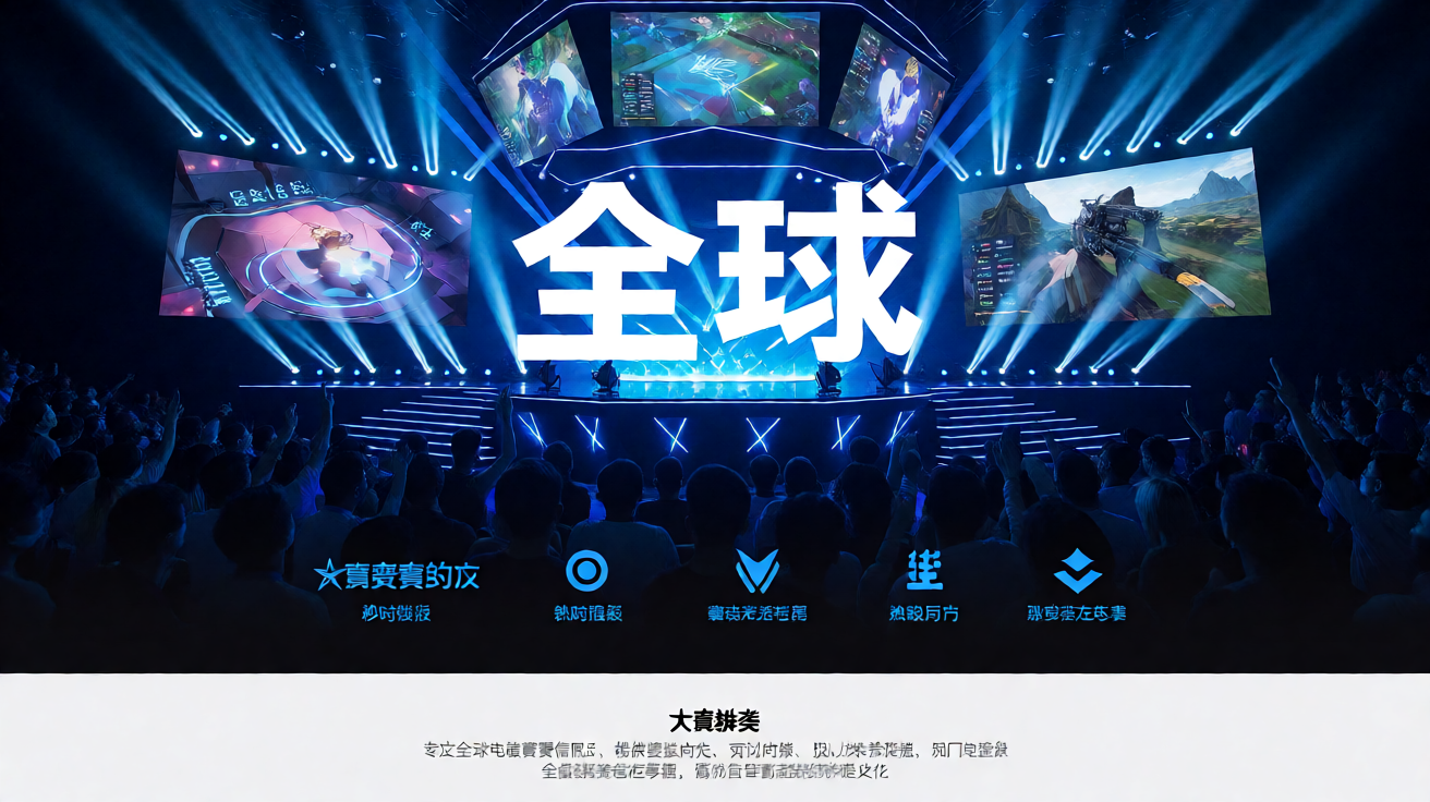 电竞赛事现场，灯光璀璨的竞技舞台，全球观众共同见证精彩对局
